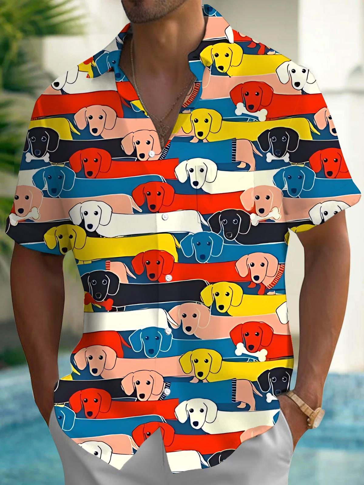Dachshund Print Men's Pocket Short Sleeve Shirts