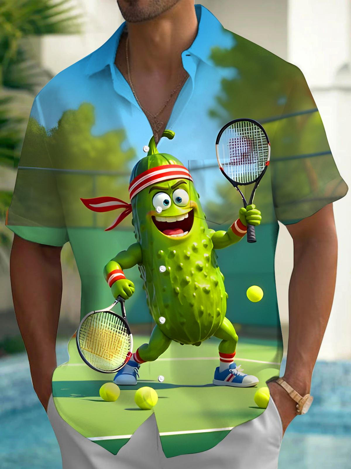 Funny Cucumber Playing Tennis Men's Pocket Short Sleeve Shirts