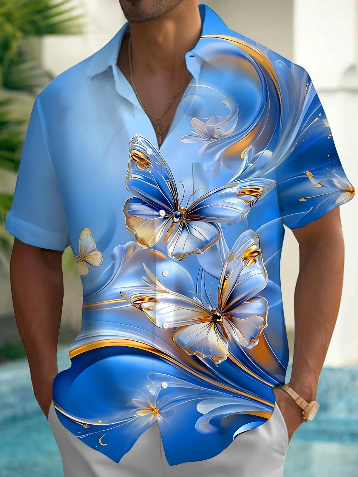 Butterfly Floral Art Men's Pocket Short Sleeve Shirts