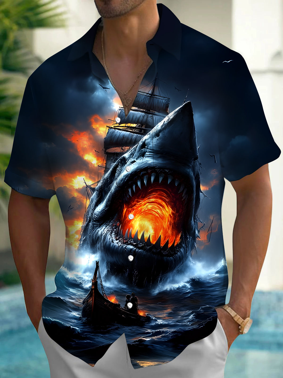 Shark Boat Men's Pocket Short Sleeve Shirts