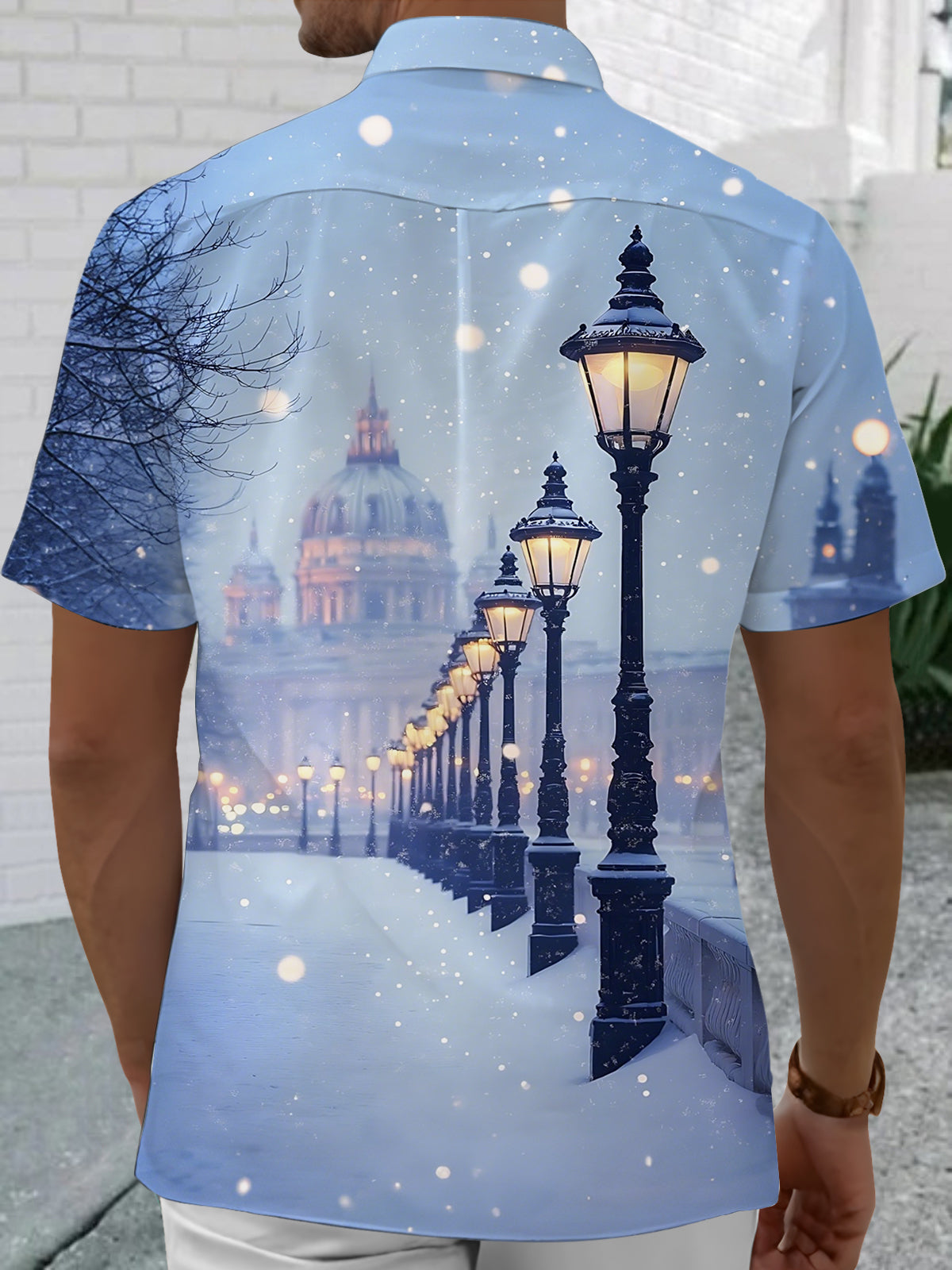 Winter Street Scene Print Men's Pocket Short Sleeve Shirts