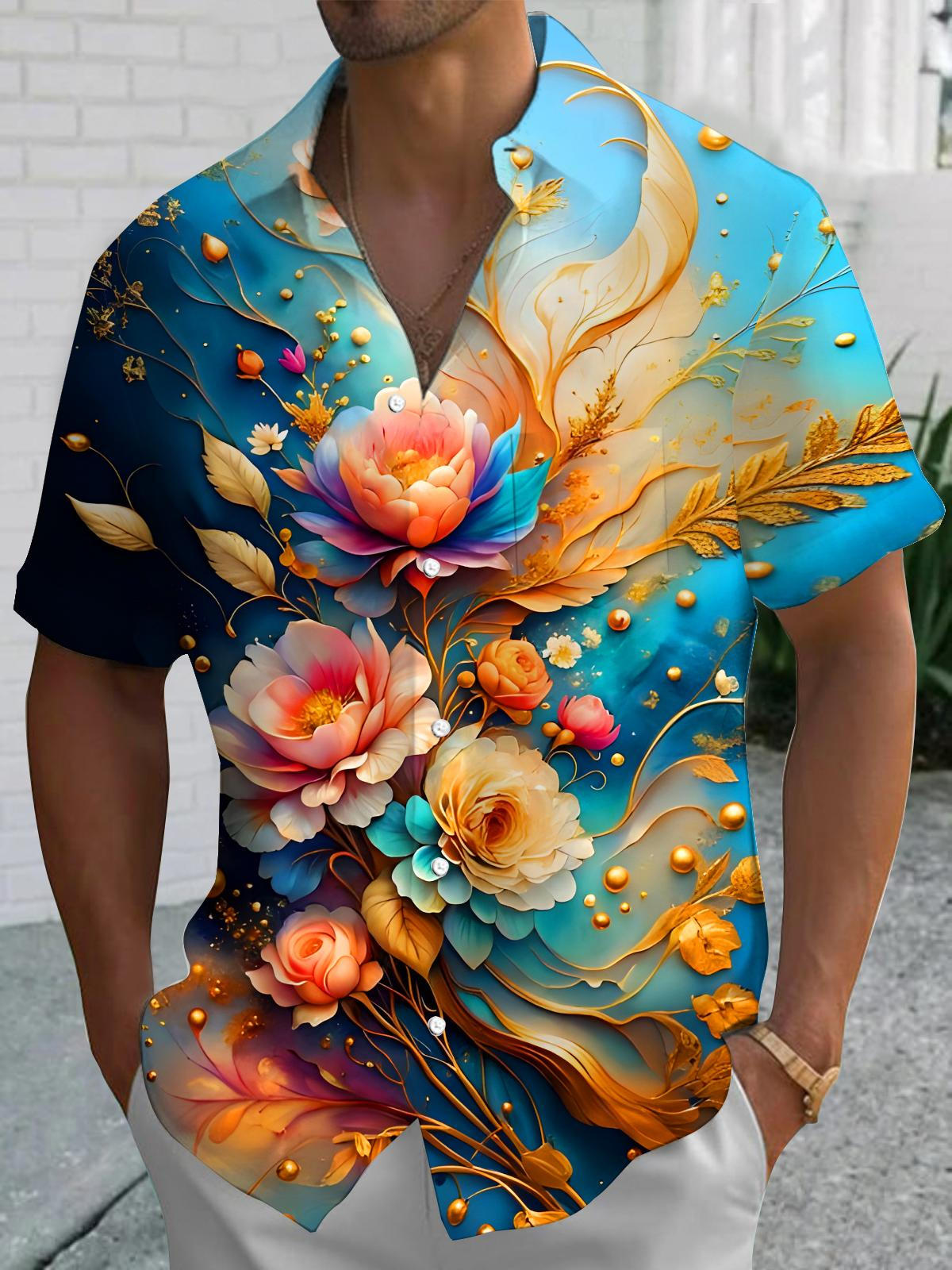 Art Gilded Floral Men's Pocket Short Sleeve Shirts