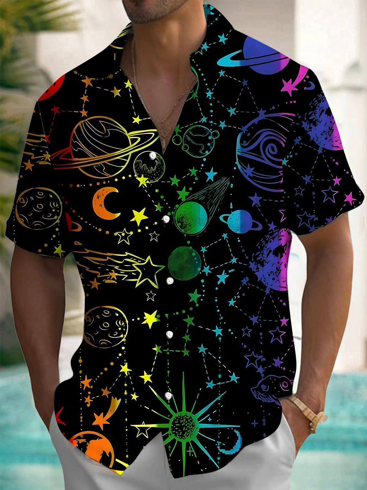 Rainbow Universe Planet Print Men's Pocket Short Sleeve Shirts