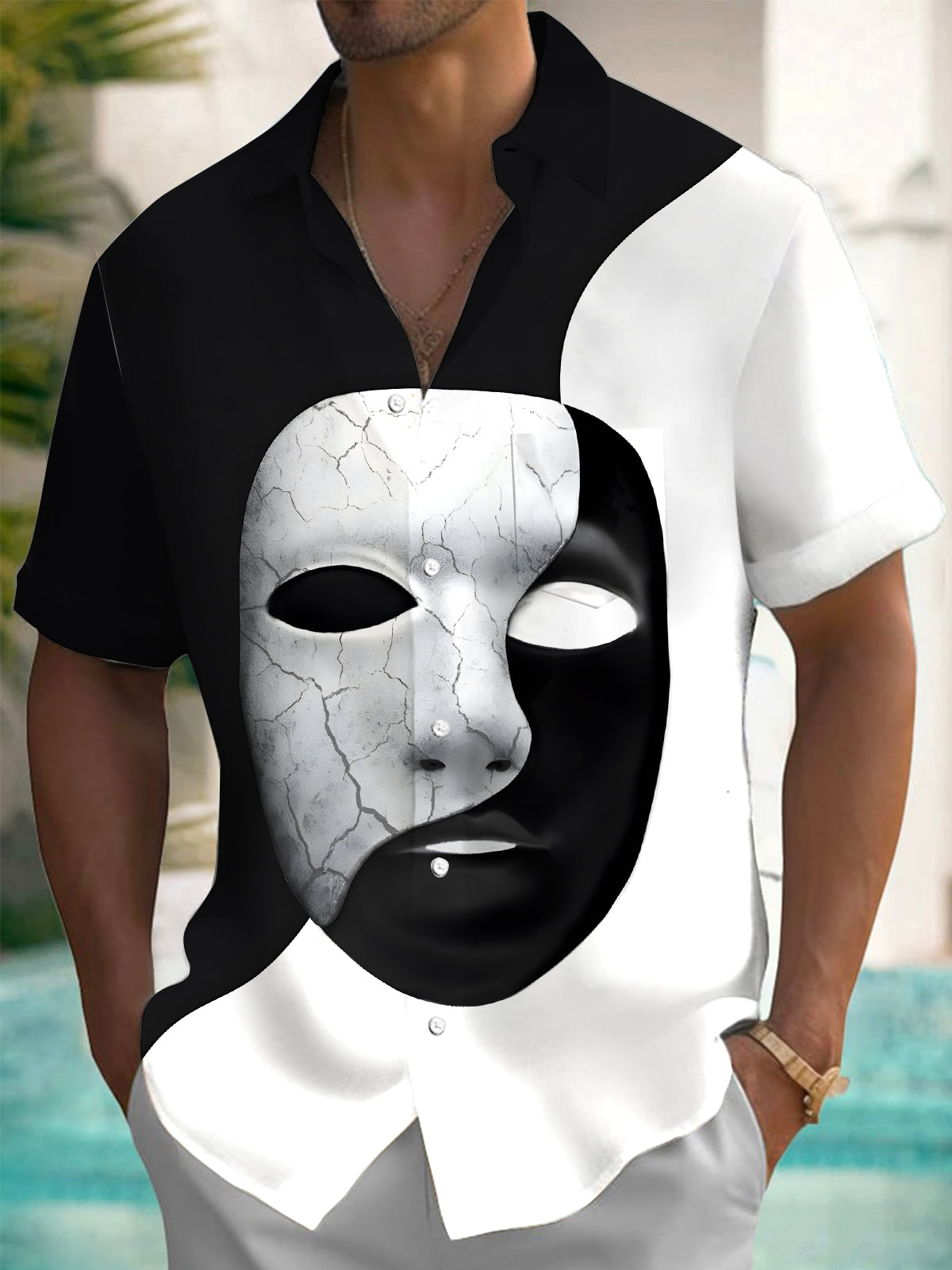 Black White Mask Print Men's Pocket Short Sleeve Shirts