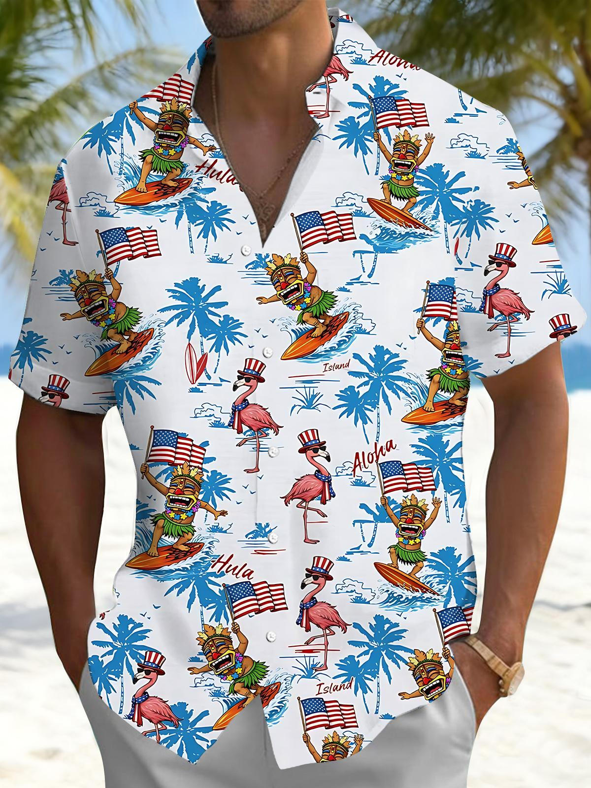 Hawaiian Tiki Flamingo American Flag Palm Tree Print Men's Pocket Short Sleeve Shirts