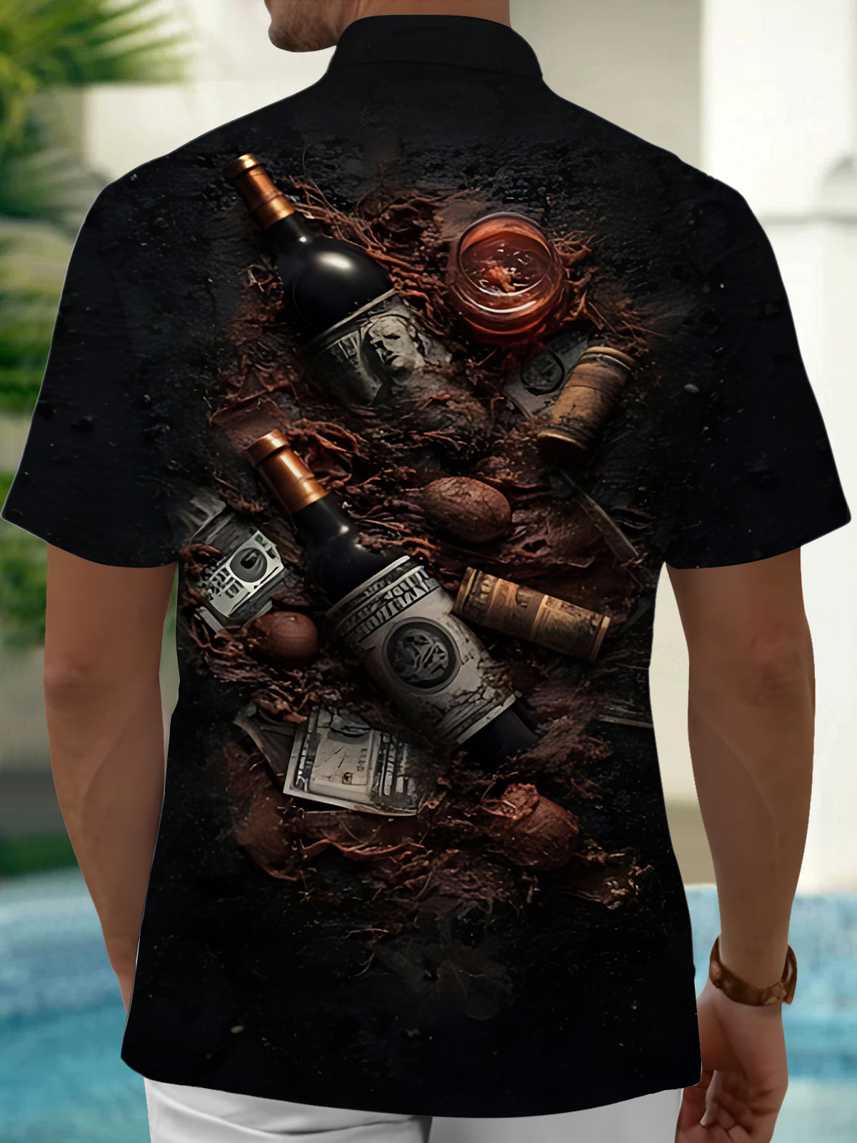 Red Wine Dollar Print Men's Pocket Short Sleeve Shirts