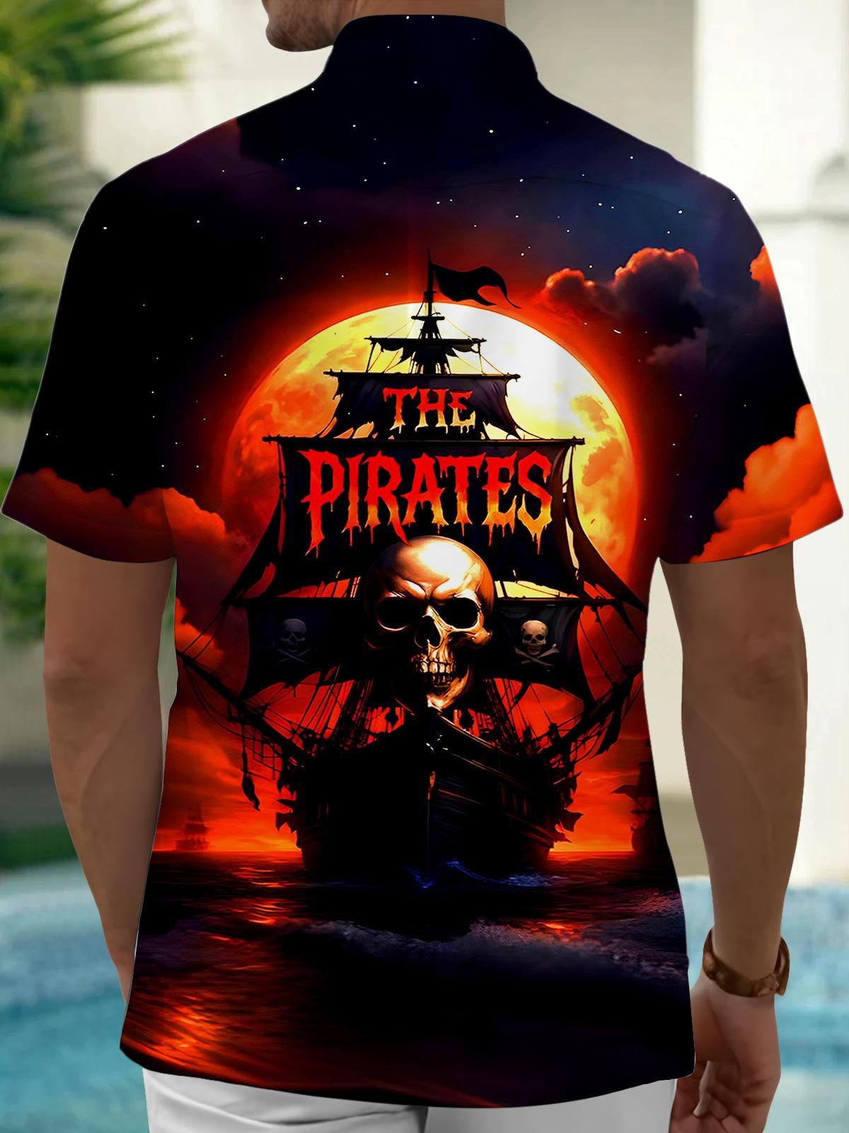 Skull Pirate Boat Men's Pocket Short Sleeve Shirts