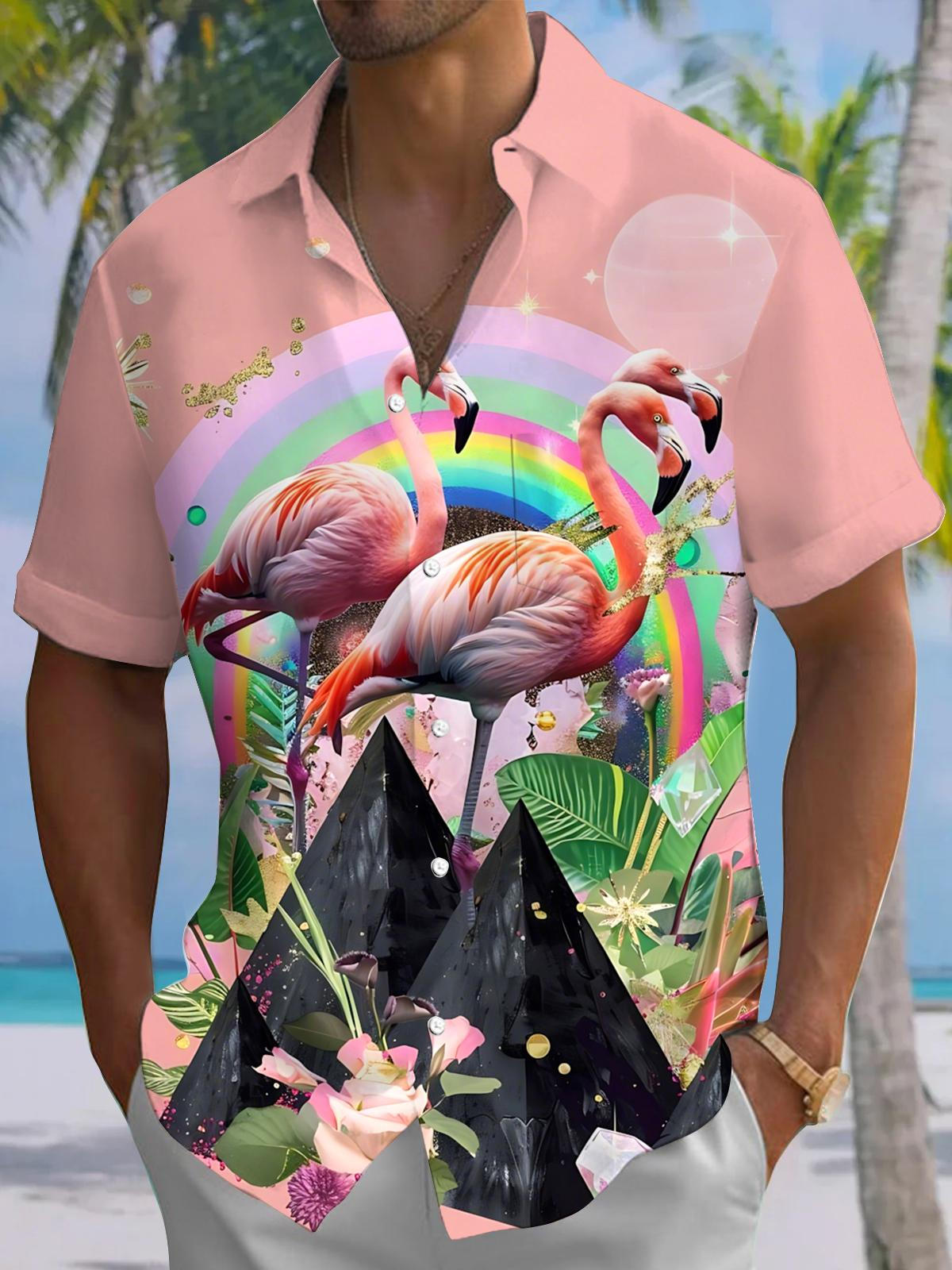 Flamingo Print Men's Pocket Short Sleeve Shirts