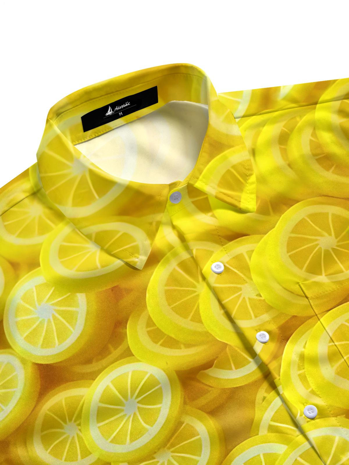 Lemon Slice Print Men's Pocket Short Sleeve Shirts