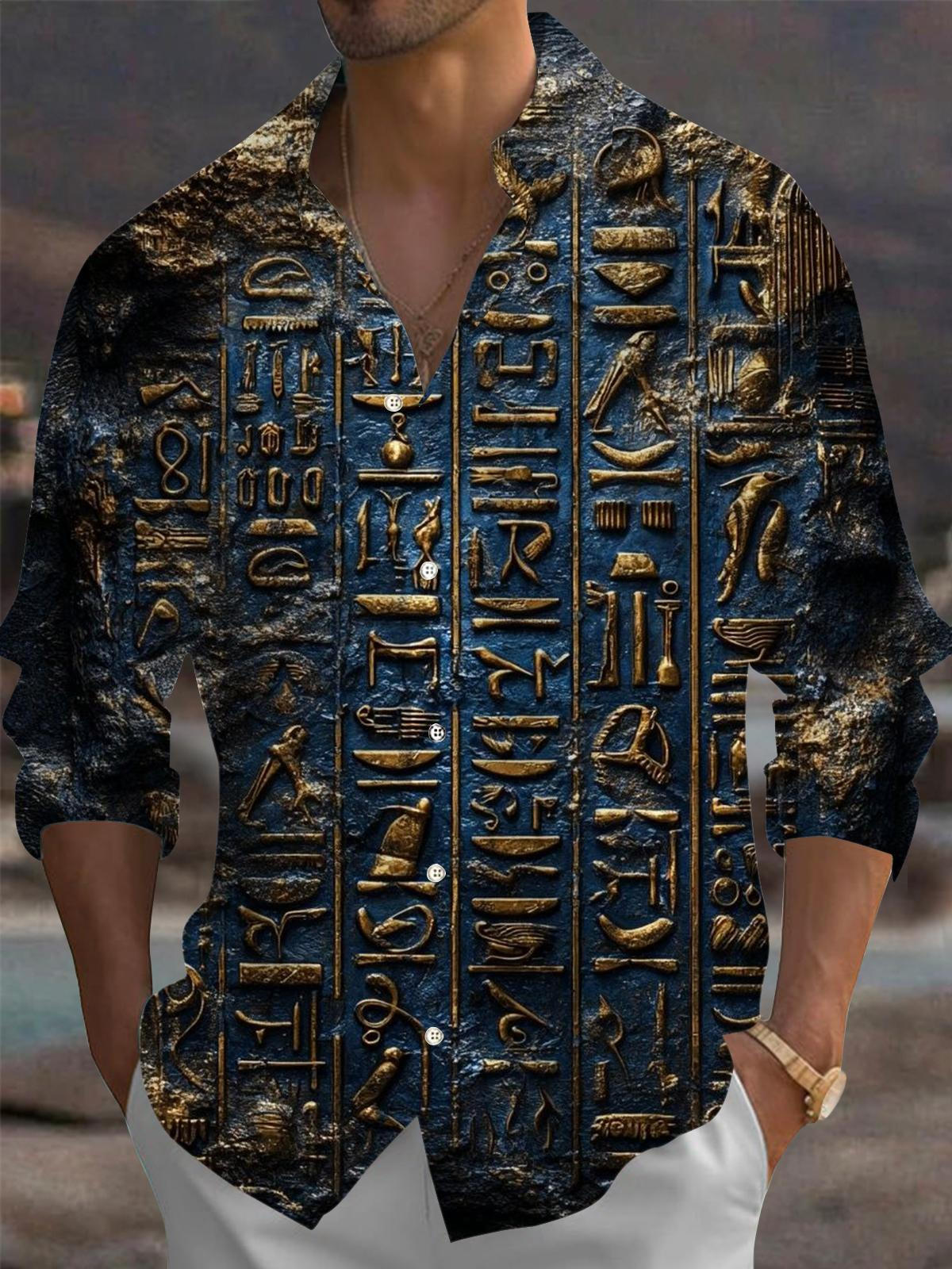 Vintage Engraved Print Men's Pocket Long Sleeve Shirts