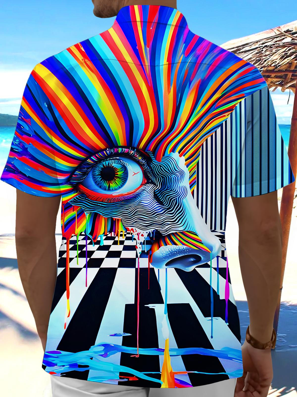 Colorful Tie-dye Art Face Stripes Checkered Men's Pocket Short Sleeve Shirts