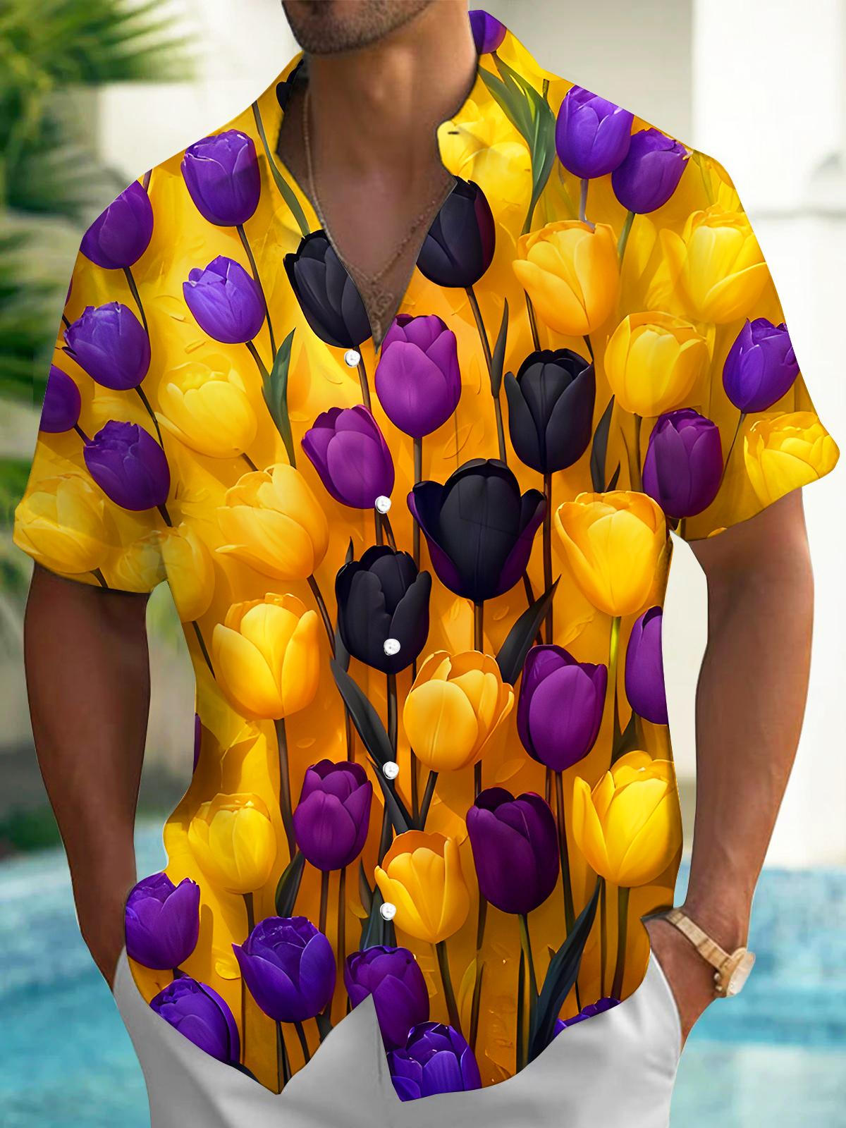 Hawaiian Colorful Tulips Floral Men's Pocket Short Sleeve Shirts