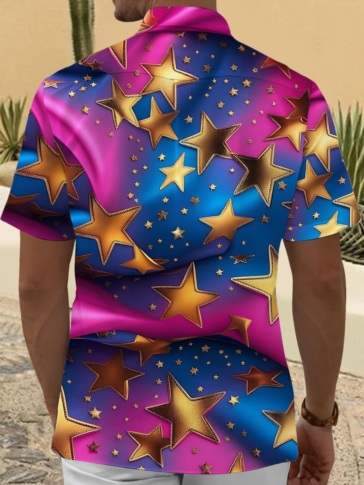 Gradient Star Print Men's Pocket Short Sleeve Shirts