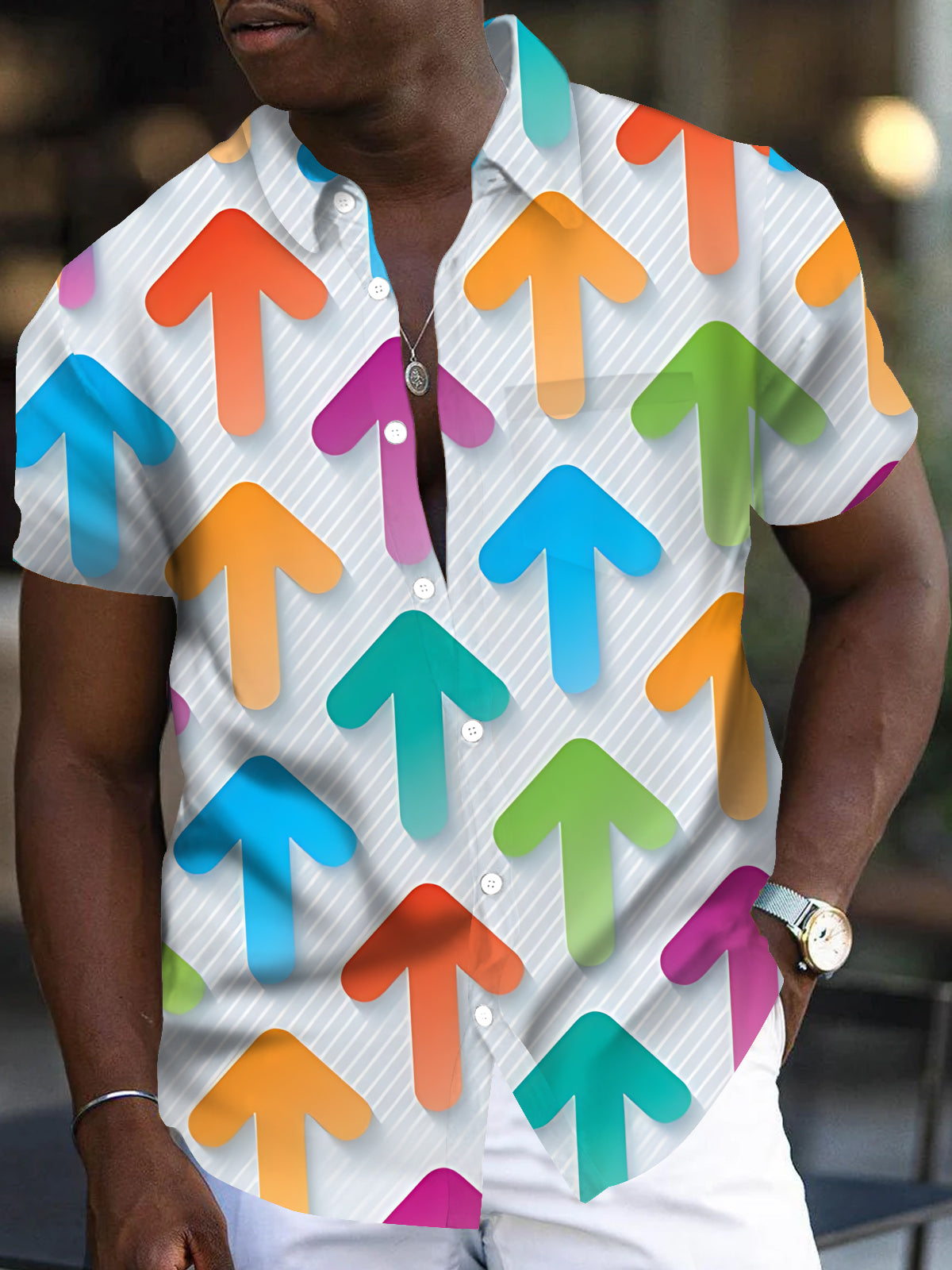 Colorful Arrow Print Men's Pocket Short Sleeve Shirts