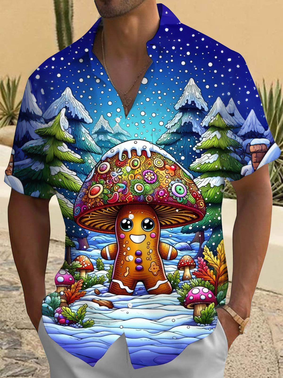 Mushroom Gingerbread Man Print Men's Pocket Short Sleeve Shirts