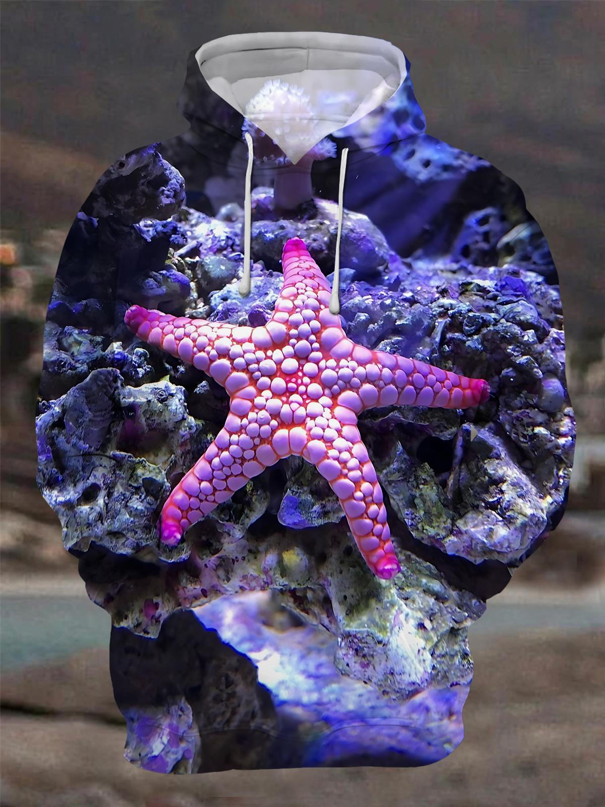 Starfish Print Men's Long Sleeve Printing Pocket Hooded Sweatshirt