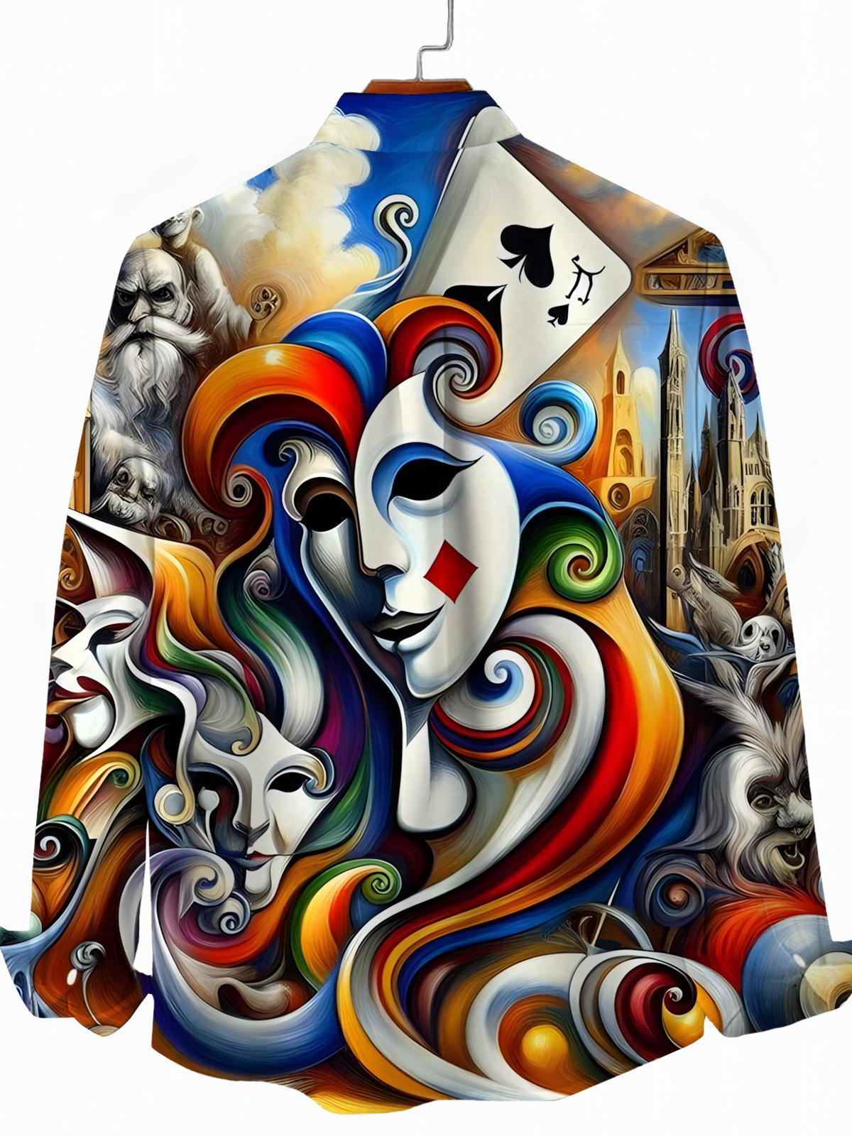 Abstract Face Poker Print Men's Pocket Long Sleeve Shirts