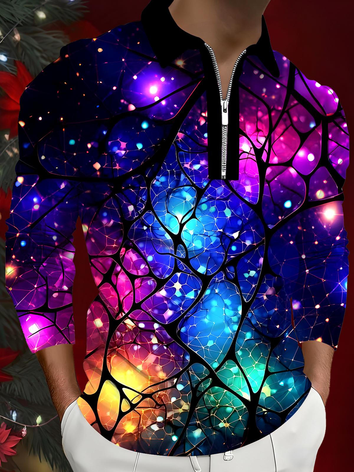 Abstract Tie Dye Men's Long Sleeve Zipper Polo