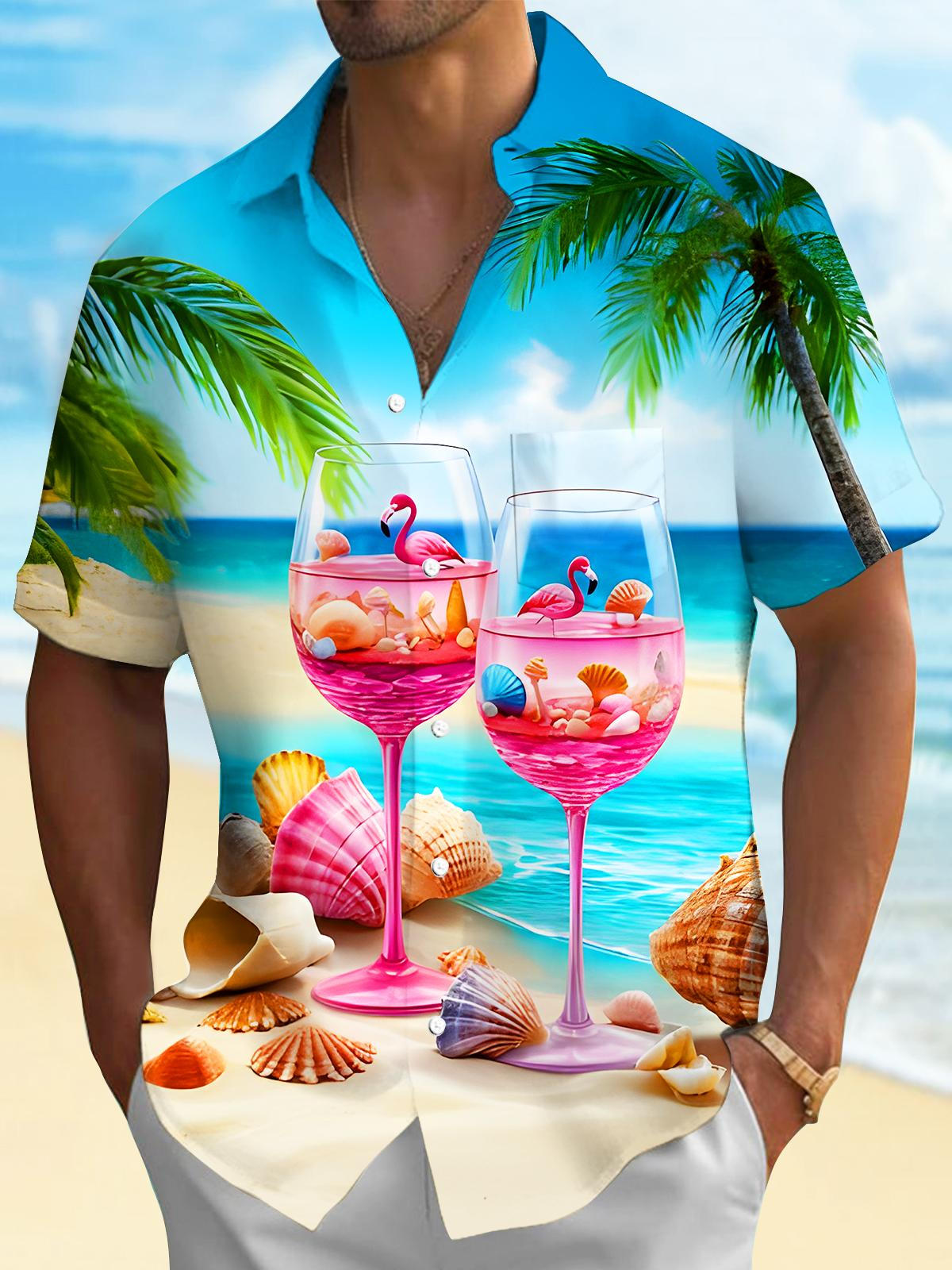 Hawaii Palm Trees Fun Flamingos Wine Glasses Beach Shells Men's Pocket Short Sleeve Shirts
