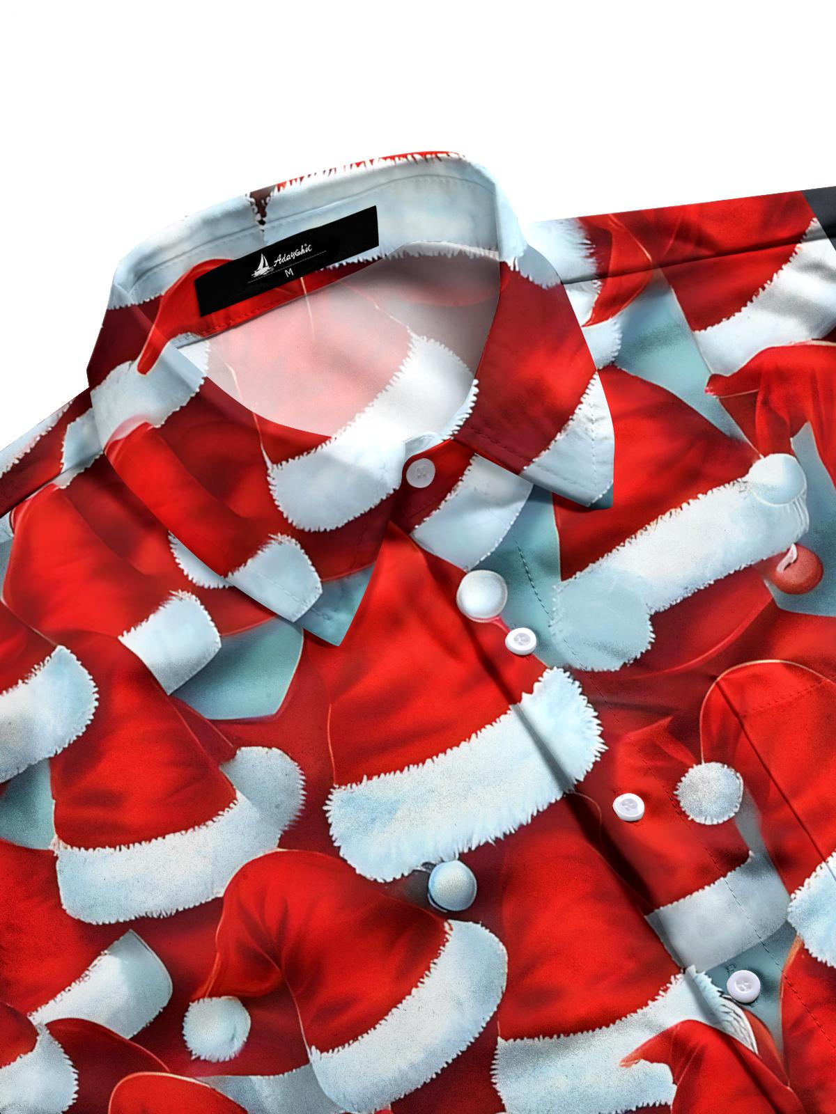 Christmas Hat Print Men's Pocket Long Sleeve Shirts