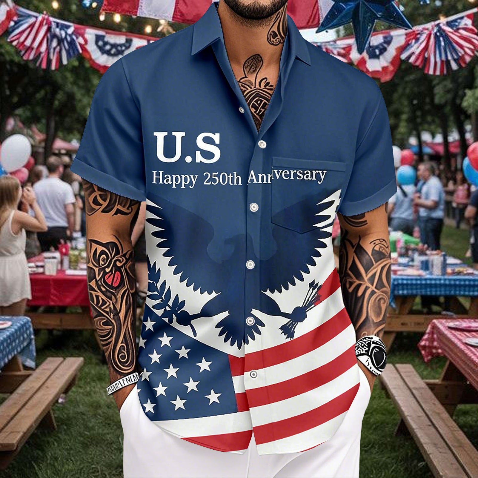 Patriotic Hawaiian Shirts for Men 250 Years Eagle Flag Patriotic Button Up Shirt Hawaiian Outfit for Parade sweetie