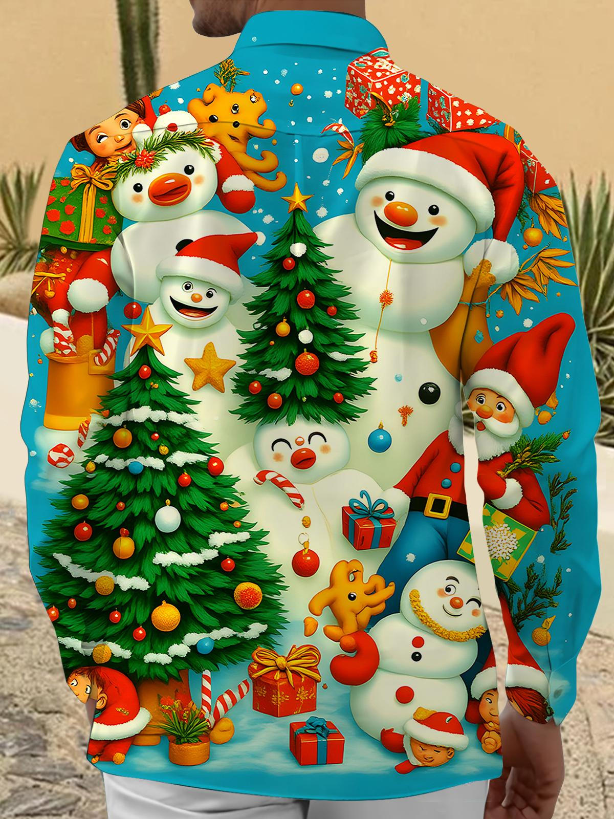 Christmas Tree Santa Claus Snowman Men's Pocket Long Sleeve Shirts