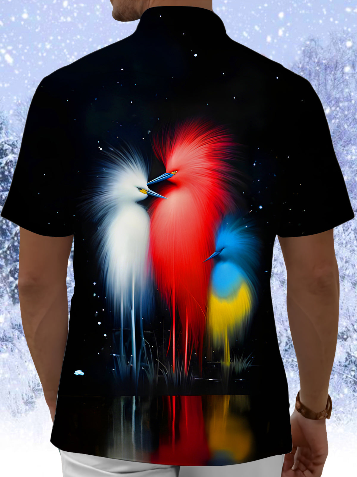 Fun Art Colorful Egret Birds Men's Pocket Short Sleeve Shirts