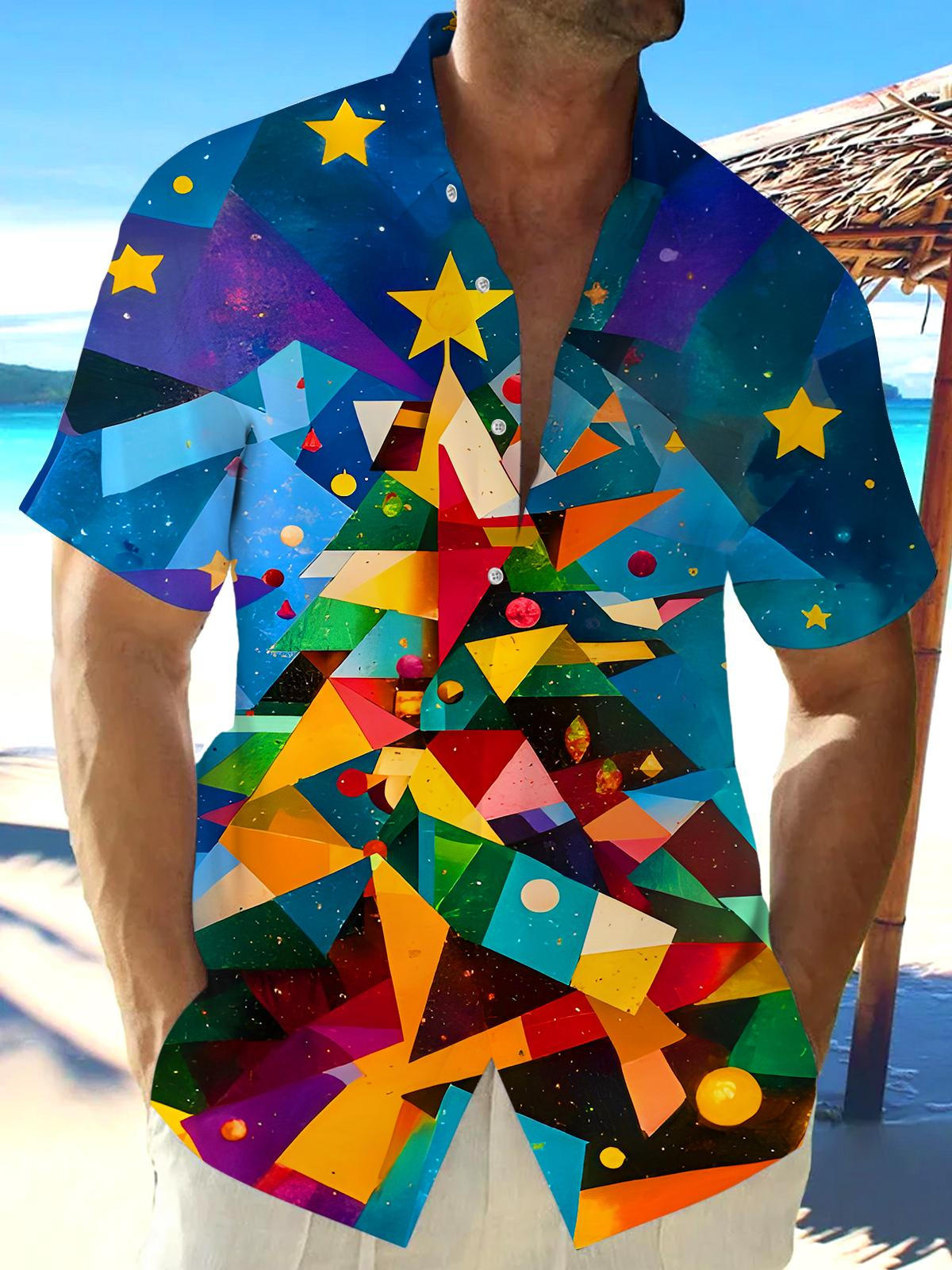 Colorful Geometric Christmas Tree Stars Men's Pocket Short Sleeve Shirts
