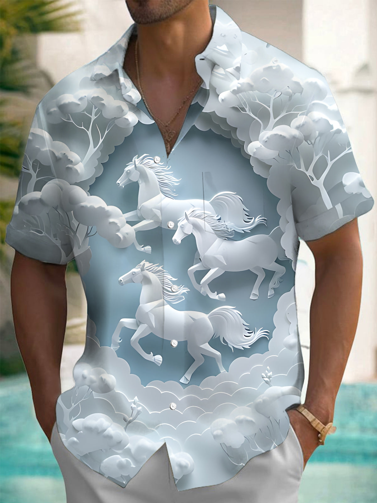 Horse Oaper-Cut Art Print Men's Pocket Short Sleeve Shirts