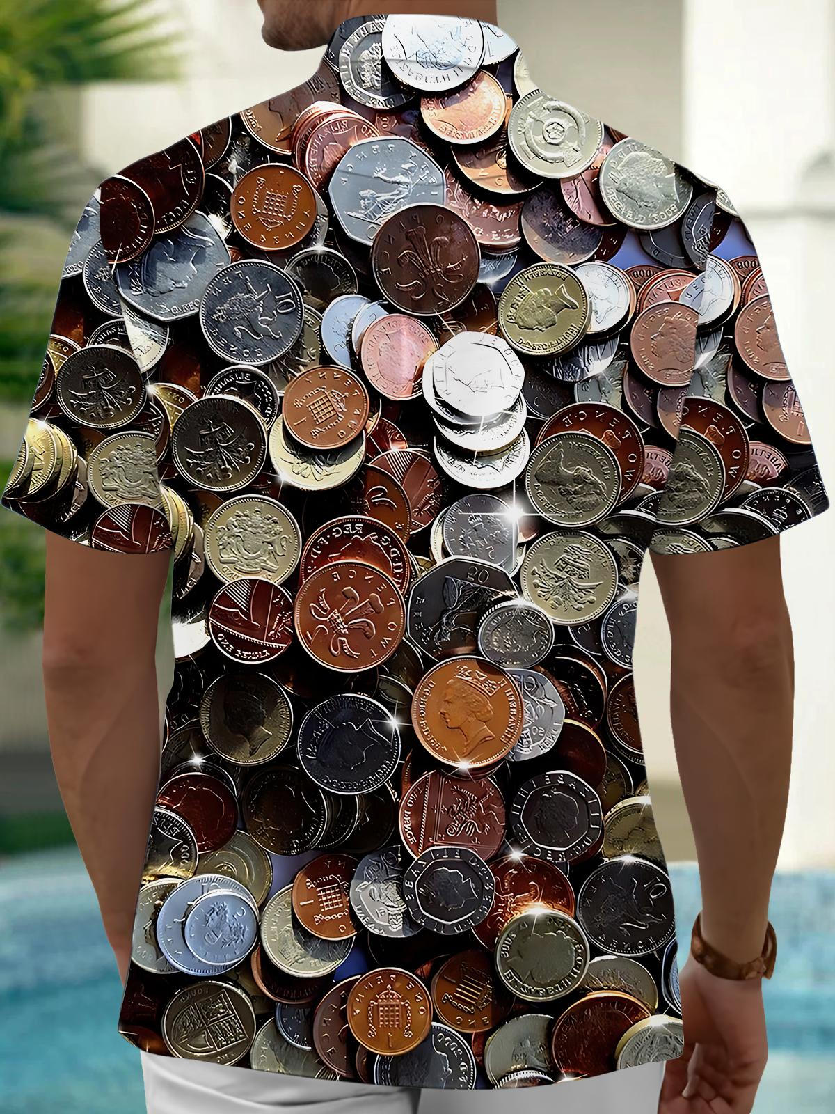 Game Coins Print Men's Pocket Short Sleeve Shirts