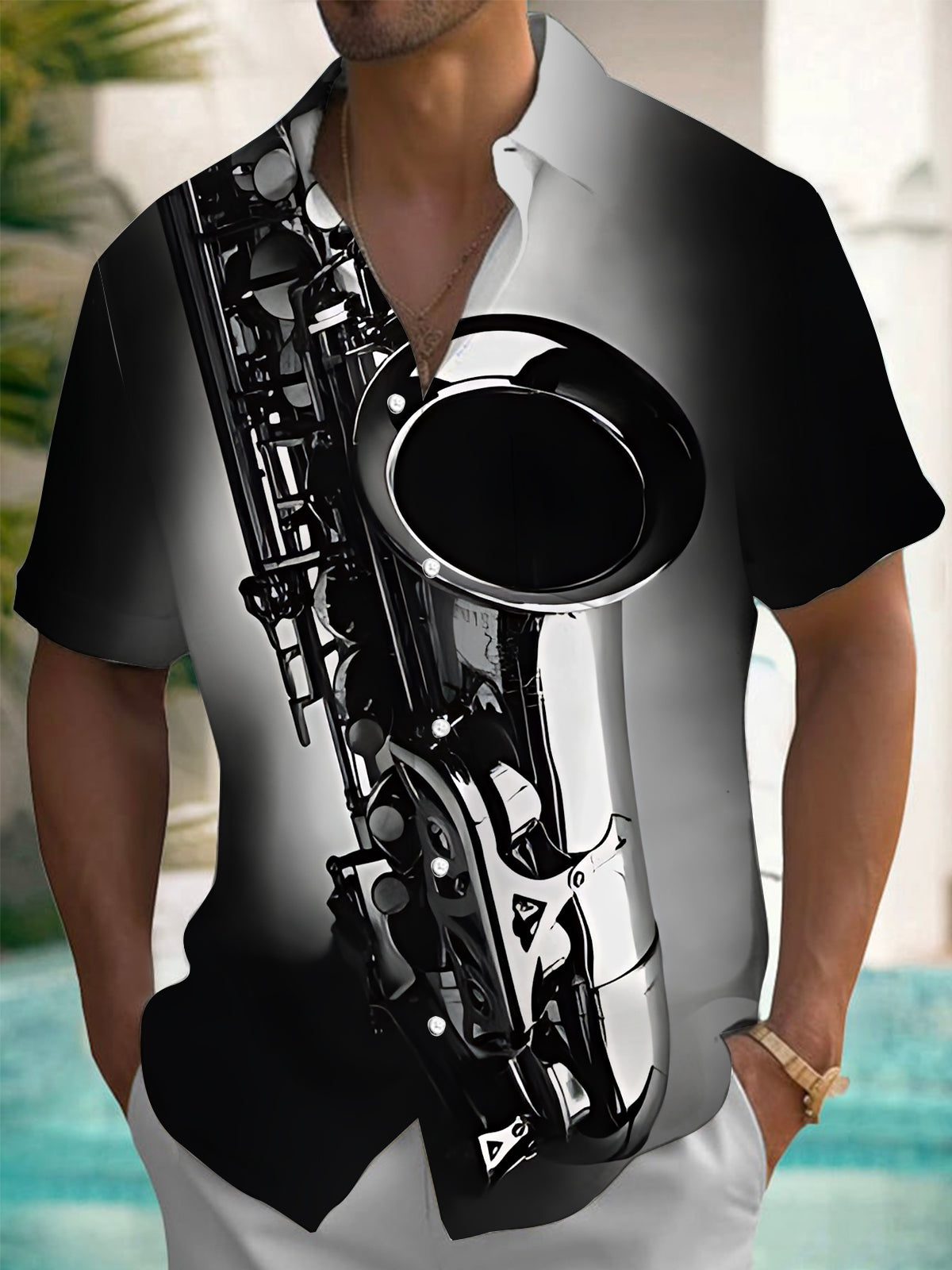 Musical Instrument Print Men's Pocket Short Sleeve Shirts