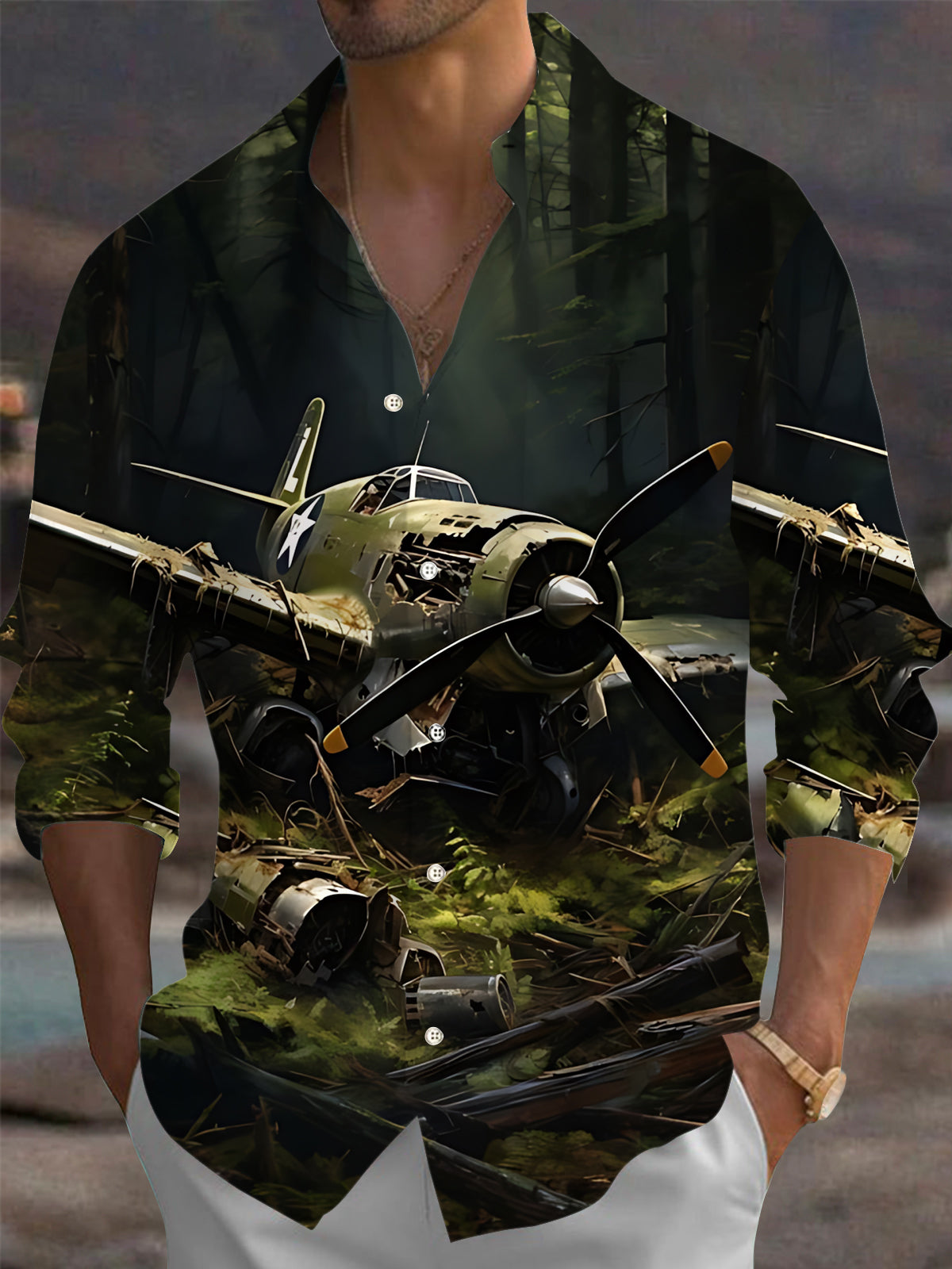Aircraft Wreckage Print Men's Pocket Long Sleeve Shirts