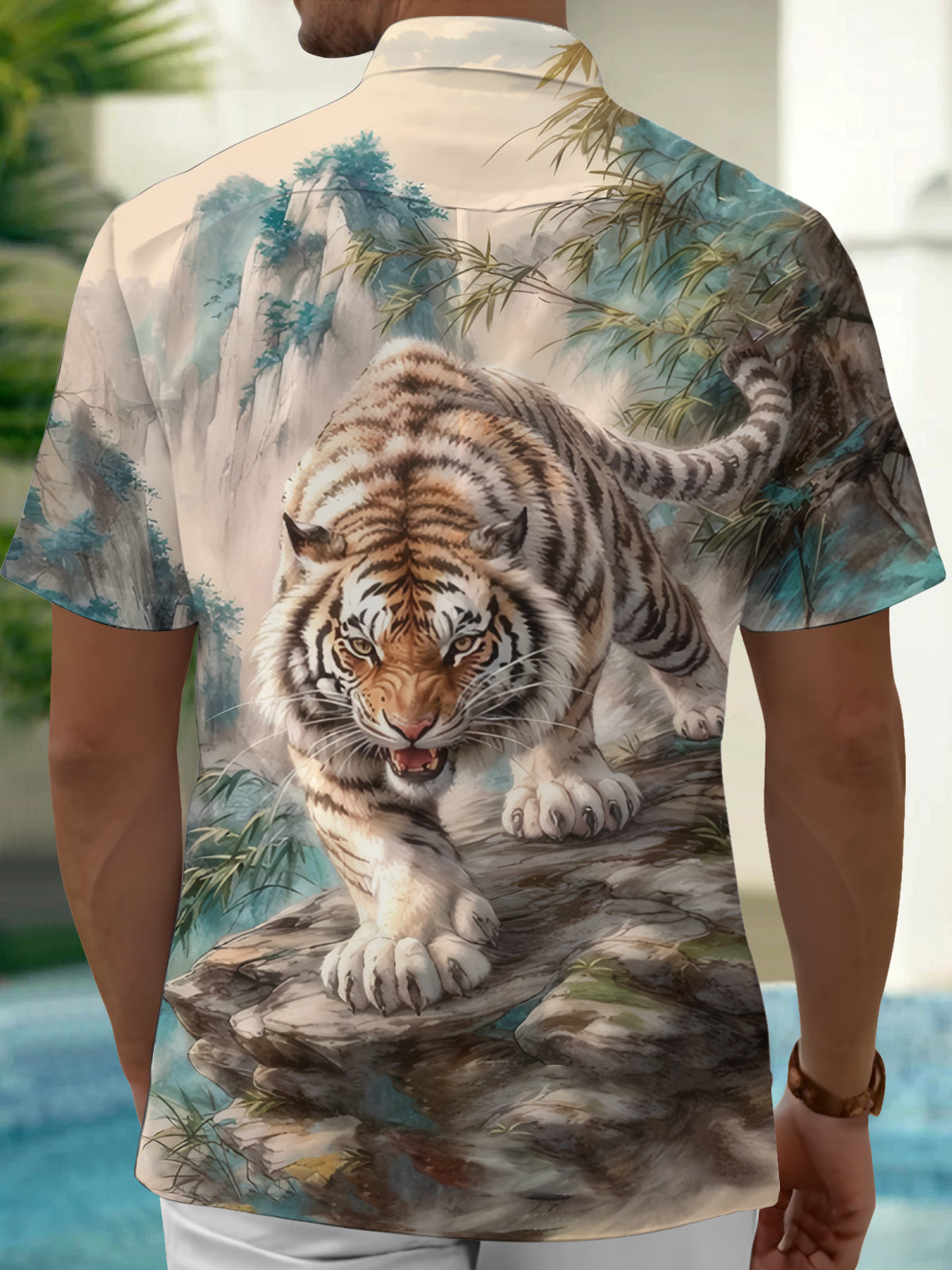 Forest Tiger Print Men's Pocket Short Sleeve Shirts