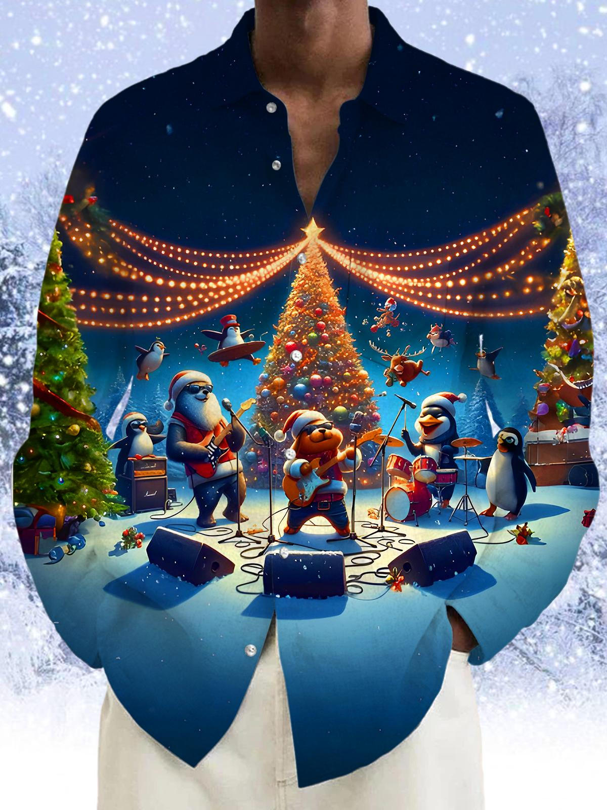 Fun Christmas Tree Penguin Reindeer Puppy Music Concert Xmas Men's Pocket Long Sleeve Shirts