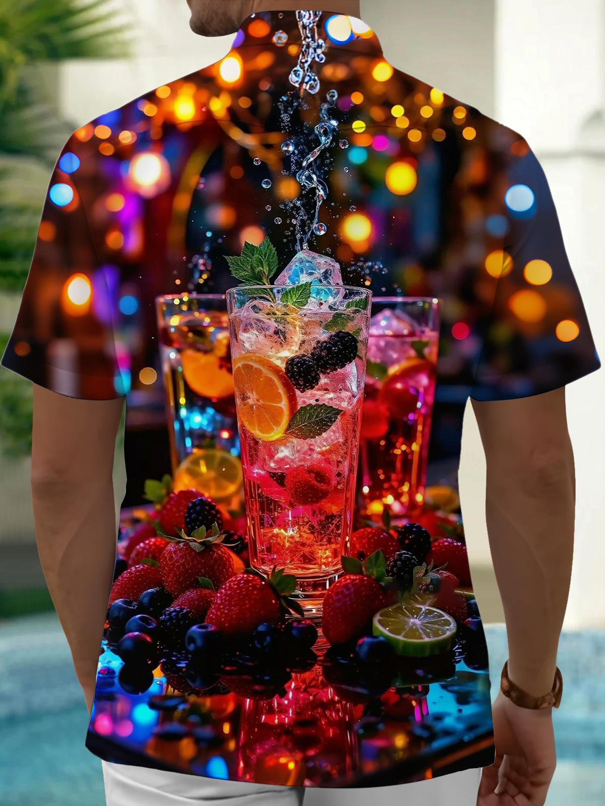 Fruit Cocktail Print Men's Pocket Short Sleeve Shirts