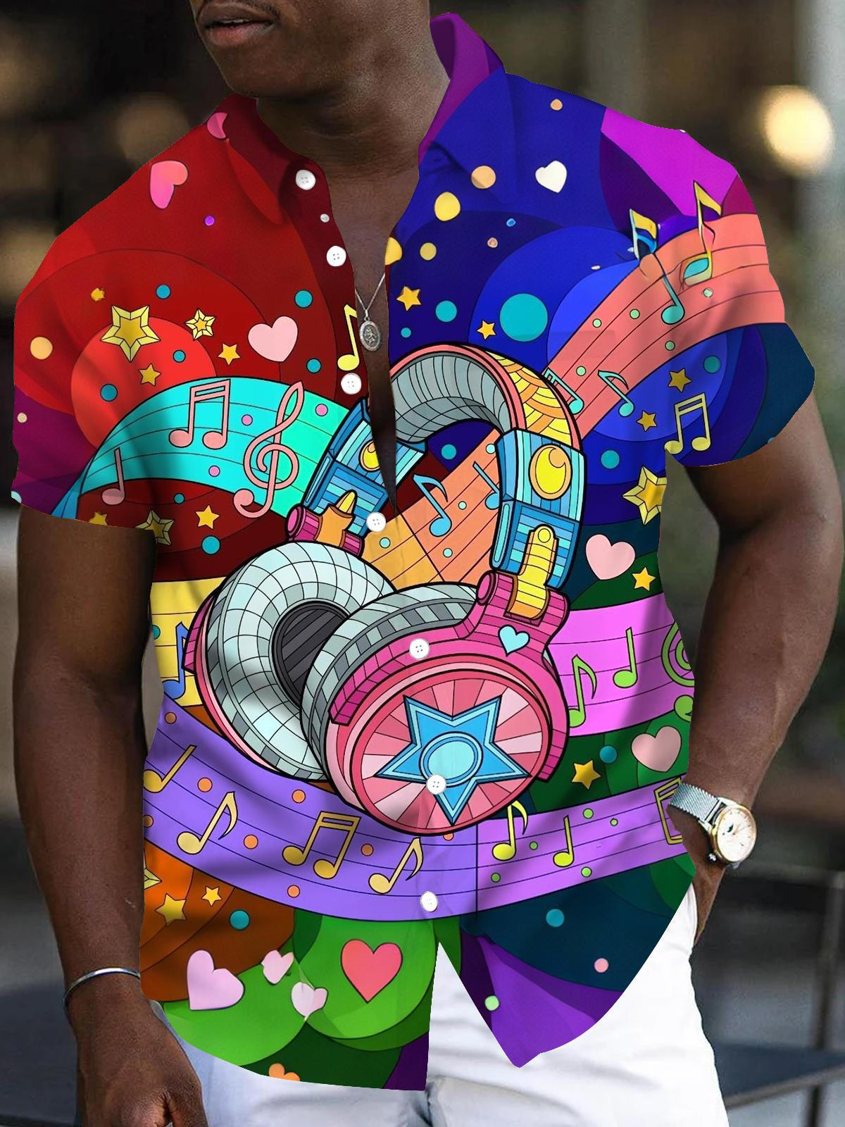 Headphone Note Print Men's Pocket Short Sleeve Shirts