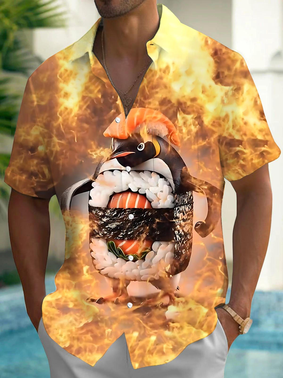 Flame Penguin Sushi Print Men's Pocket Short Sleeve Shirts