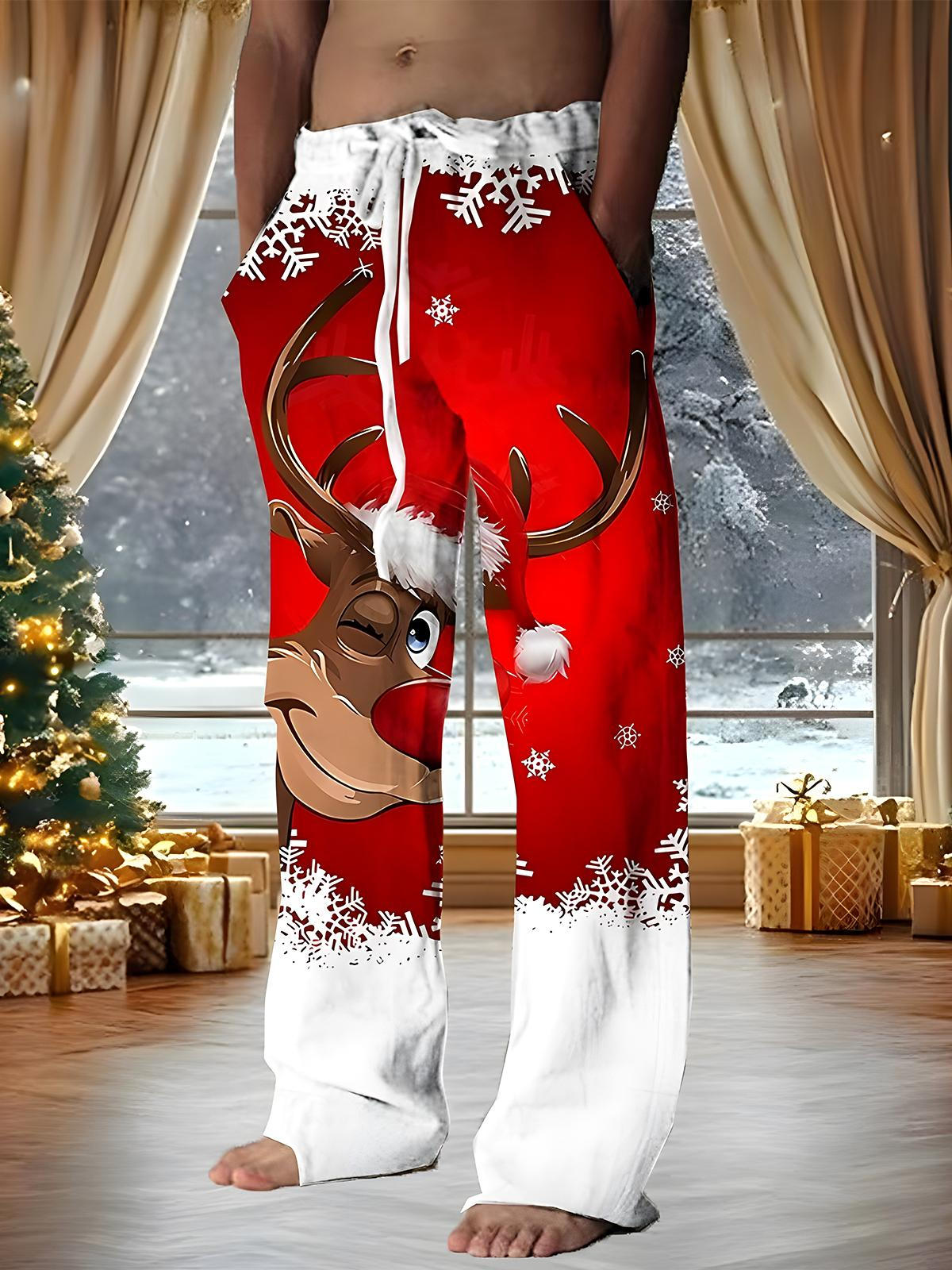 Christmas Deer Snowflake Men's Casual Elastic Waist Pants