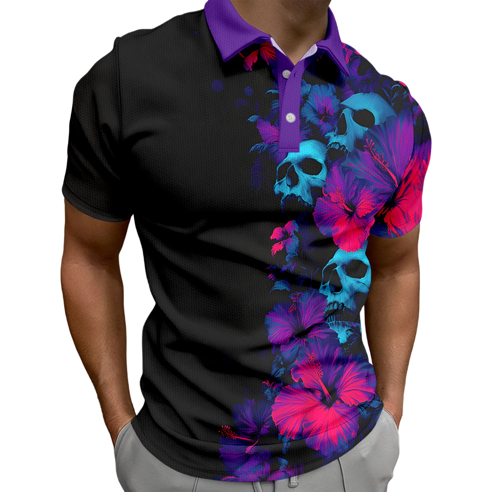 Skull Collared Tee Shirt for Men Waffle Floral Summer Short Sleeve Fashion Button Graphic Tee Shirt for Beach consistent