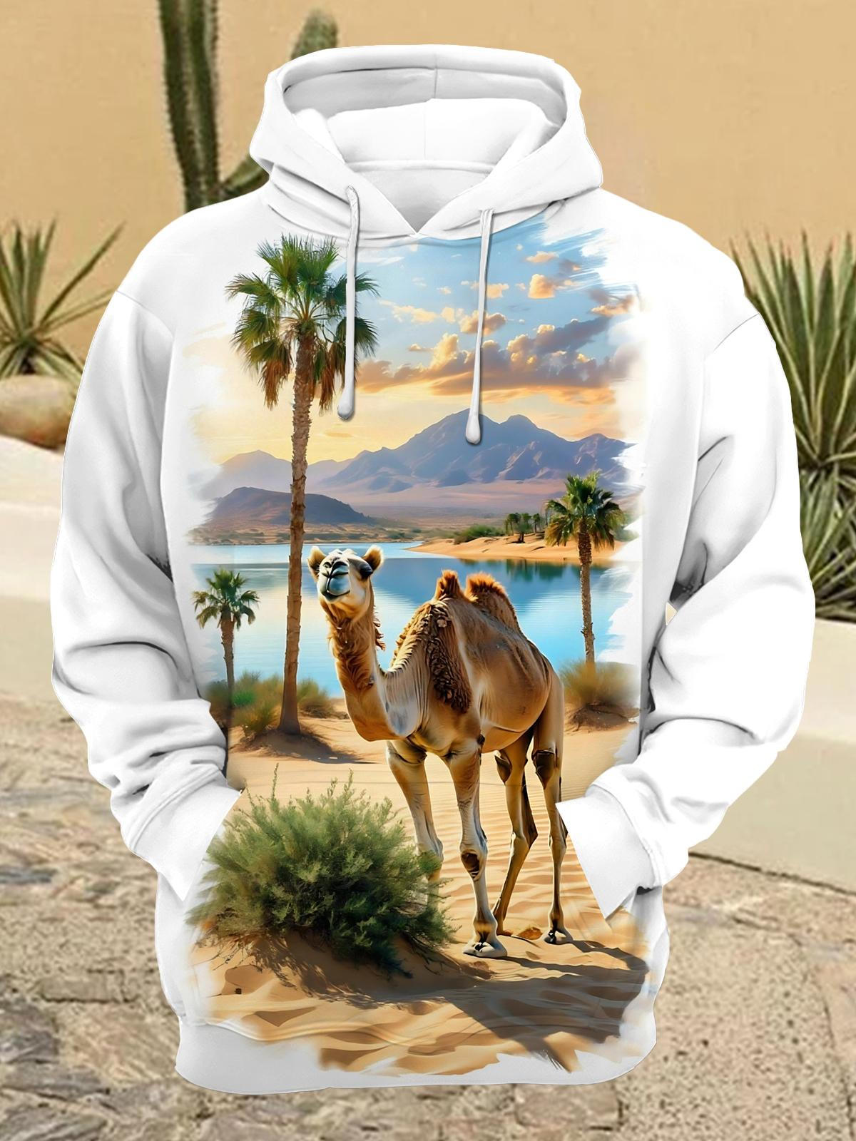 Camel Print Men's Long Sleeve Printing Pocket Hooded Sweatshirt