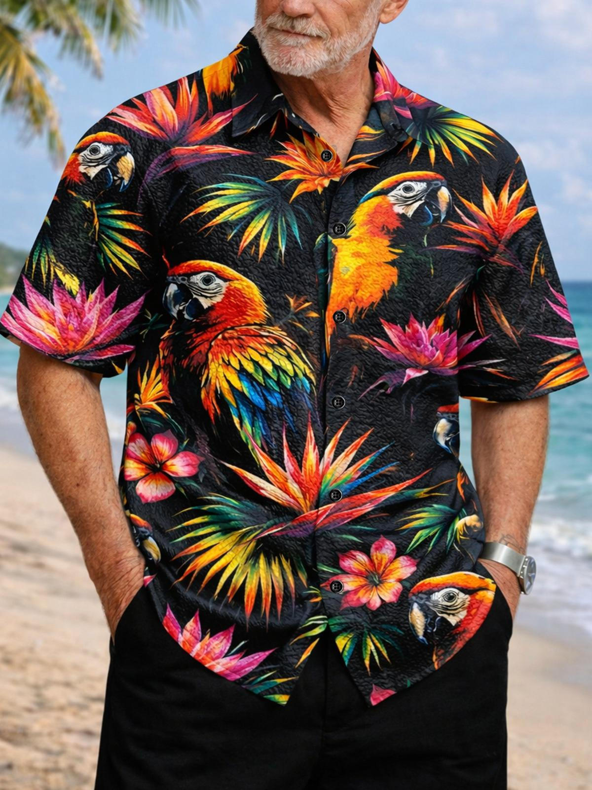 Tropical Plant Parrot Print Men's Short Sleeve Pocket Shirts