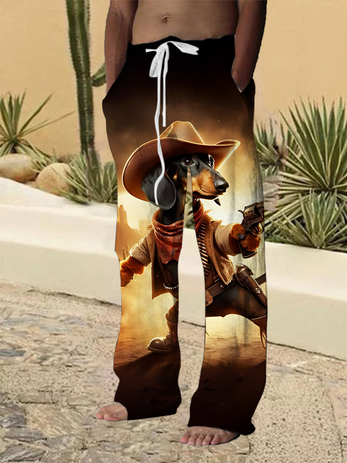 Western Cowboy Dachshund Print Men's Casual Elastic Waist Pants