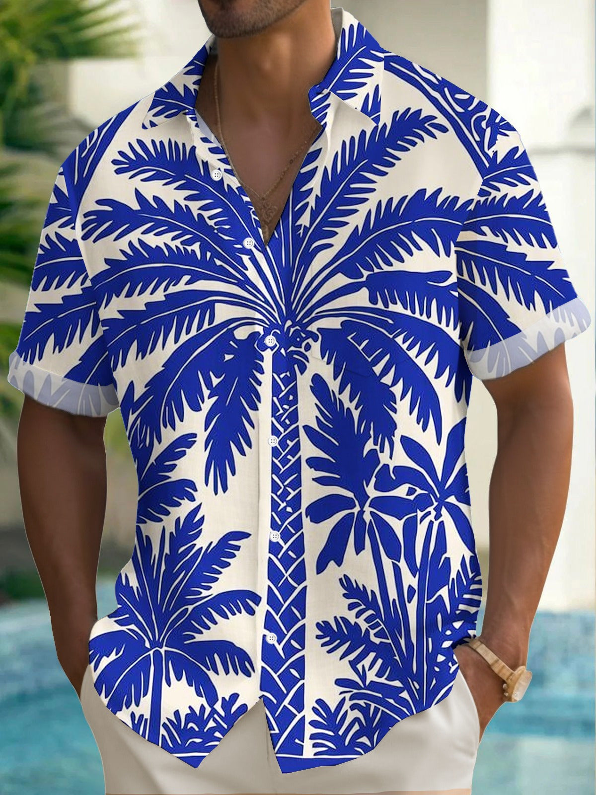 Hawaiian Palm Tree Print Men's Pocket Short Sleeve Shirts
