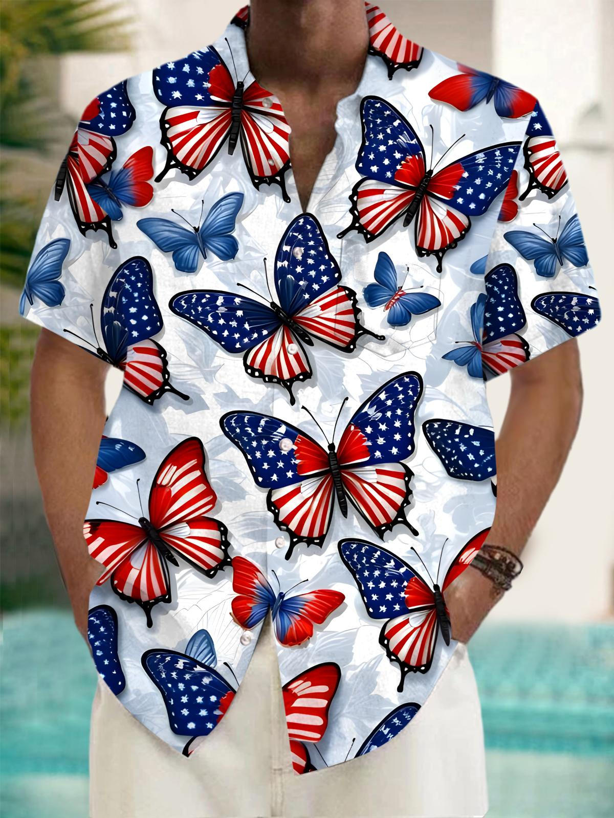 Independence Day Butterfly Men's Pocket Short Sleeve Shirts