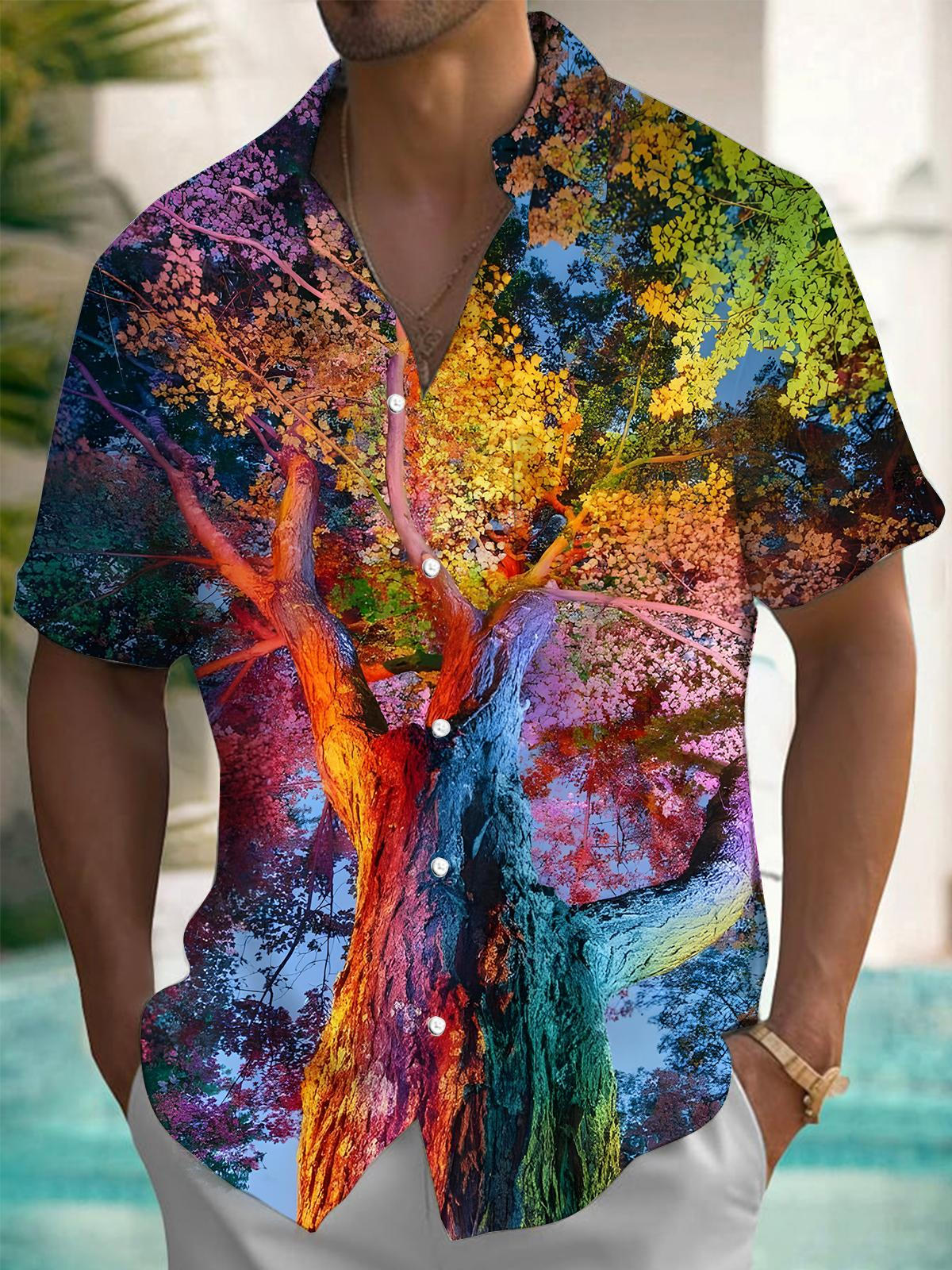 Tree Print Men's Pocket Short Sleeve Shirts