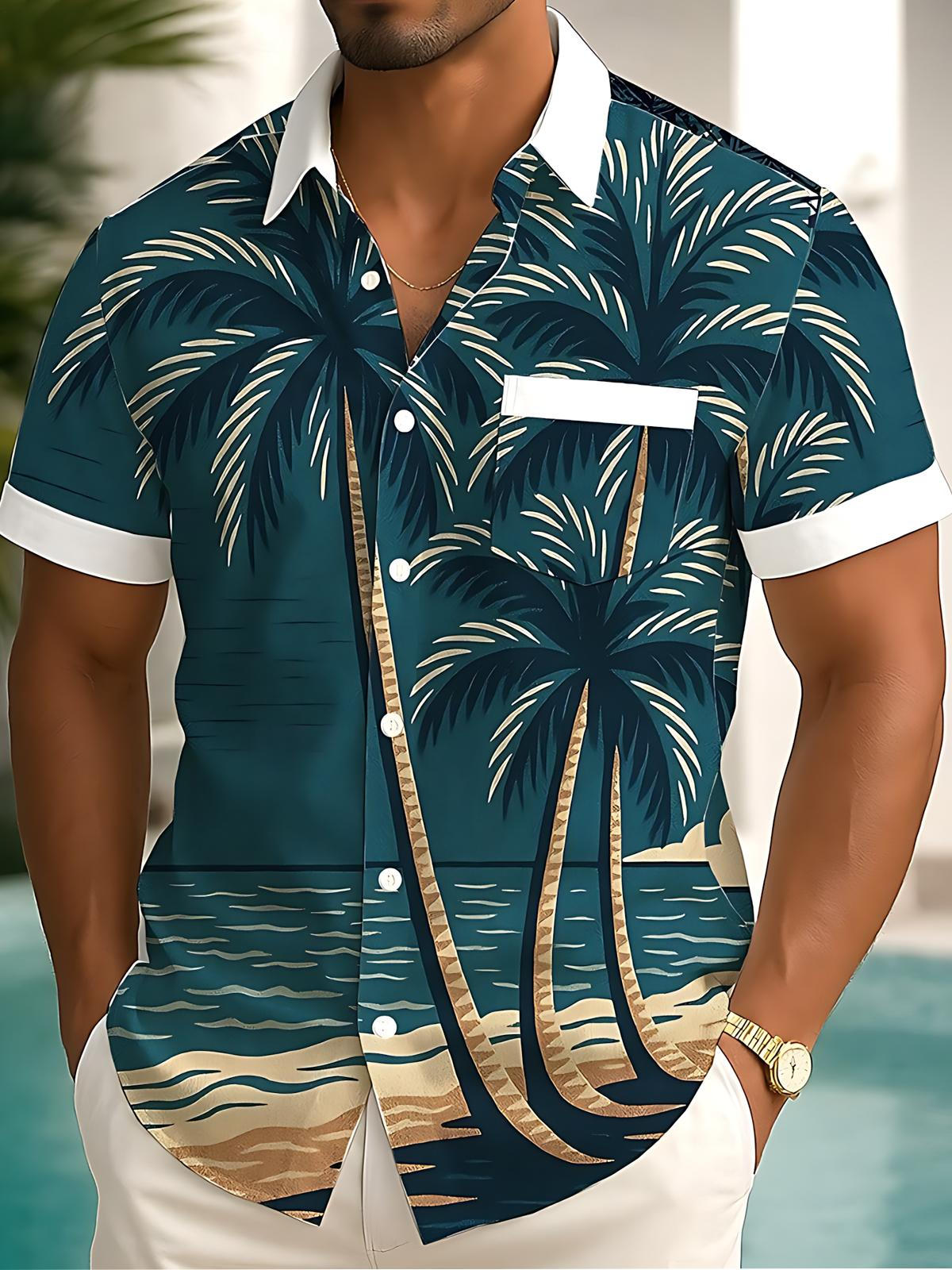 Coconut Tree Print Men's Pocket Short Sleeve Shirts