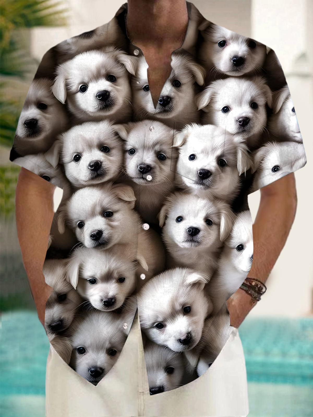 Dog Print Men's Pocket Short Sleeve Shirts