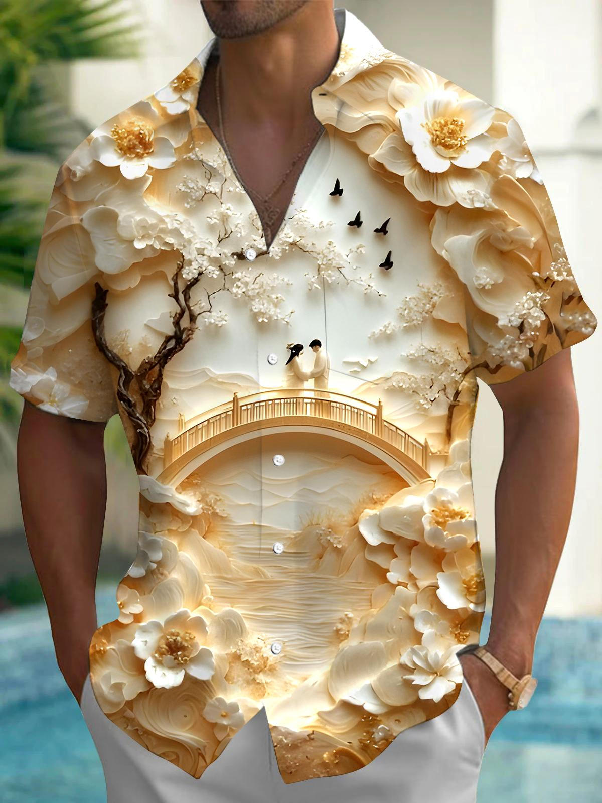 Chinese Traditional Story The Qixi Festival Men's Pocket Short Sleeve Shirts