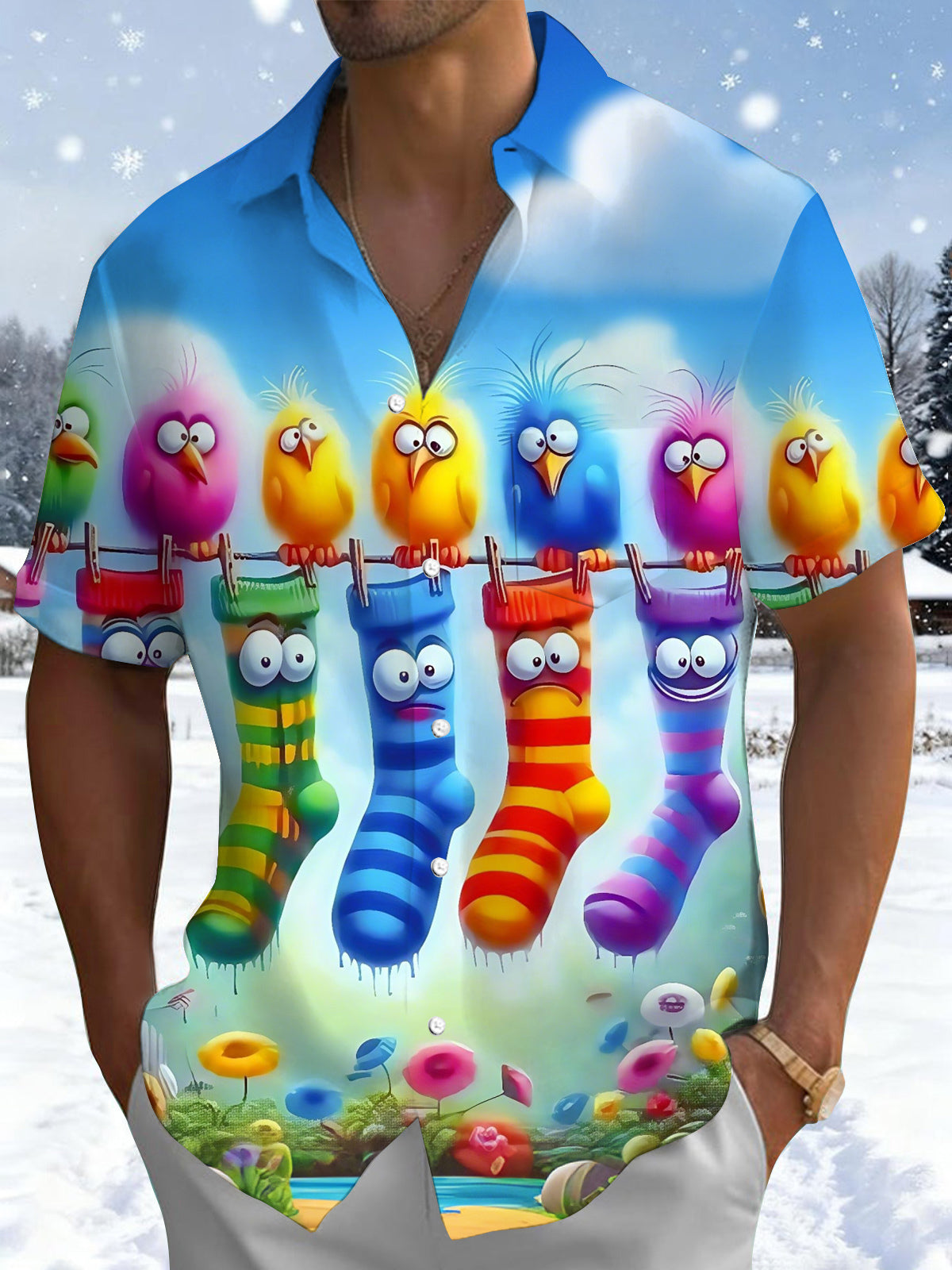 Funny Cartoon Bird Socks Print Men's Pocket Short Sleeve Shirts