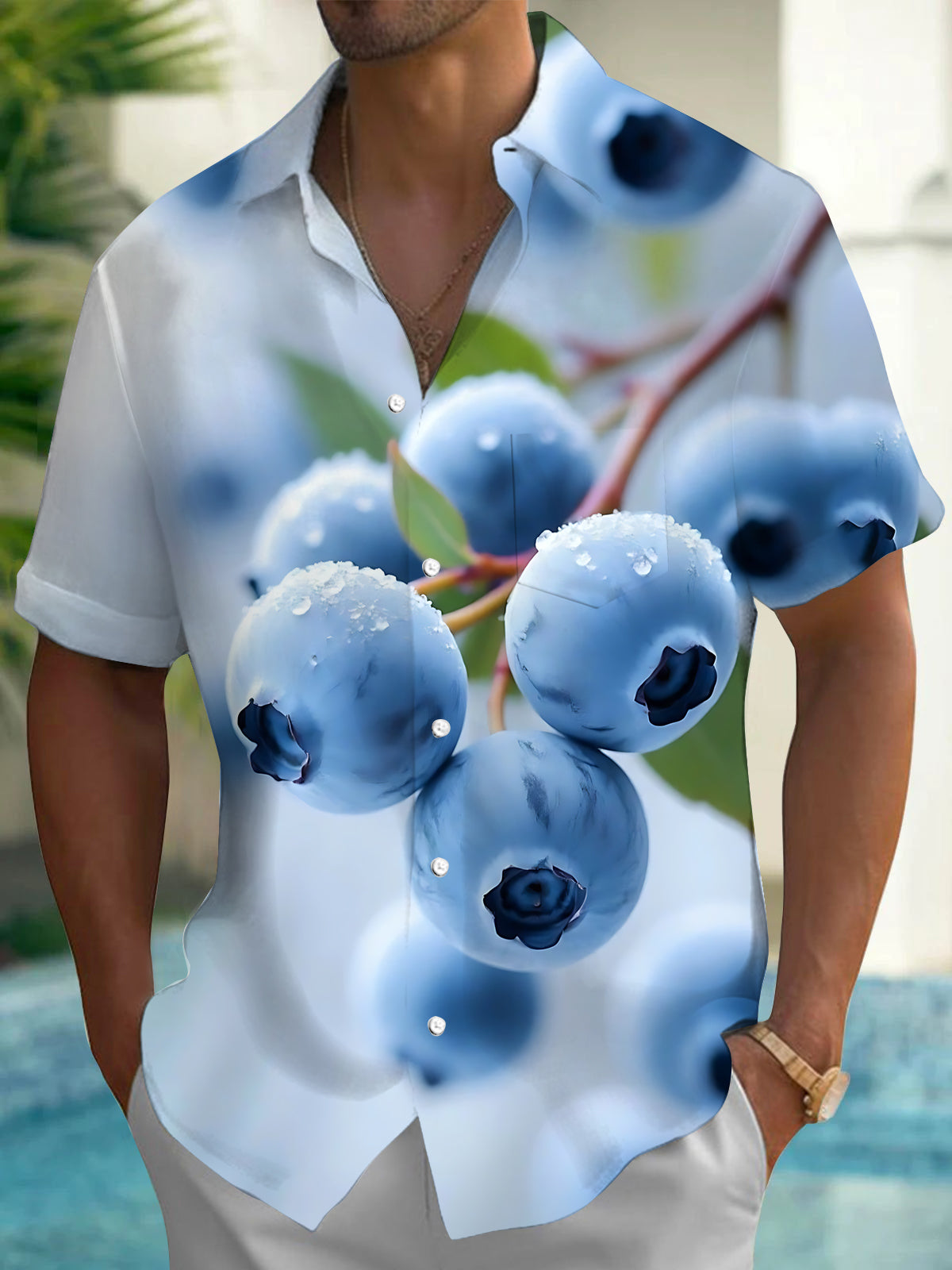 Blueberry Print Men's Pocket Short Sleeve Shirts